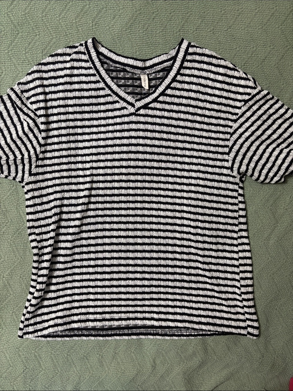 Women's Black and White Striped V-Neck Short Sleeve Tee